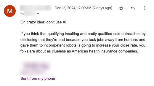 gill_works's tweet image. An actual reply to one of my AI agents doing cold outreach. Don't be afraid to be early.