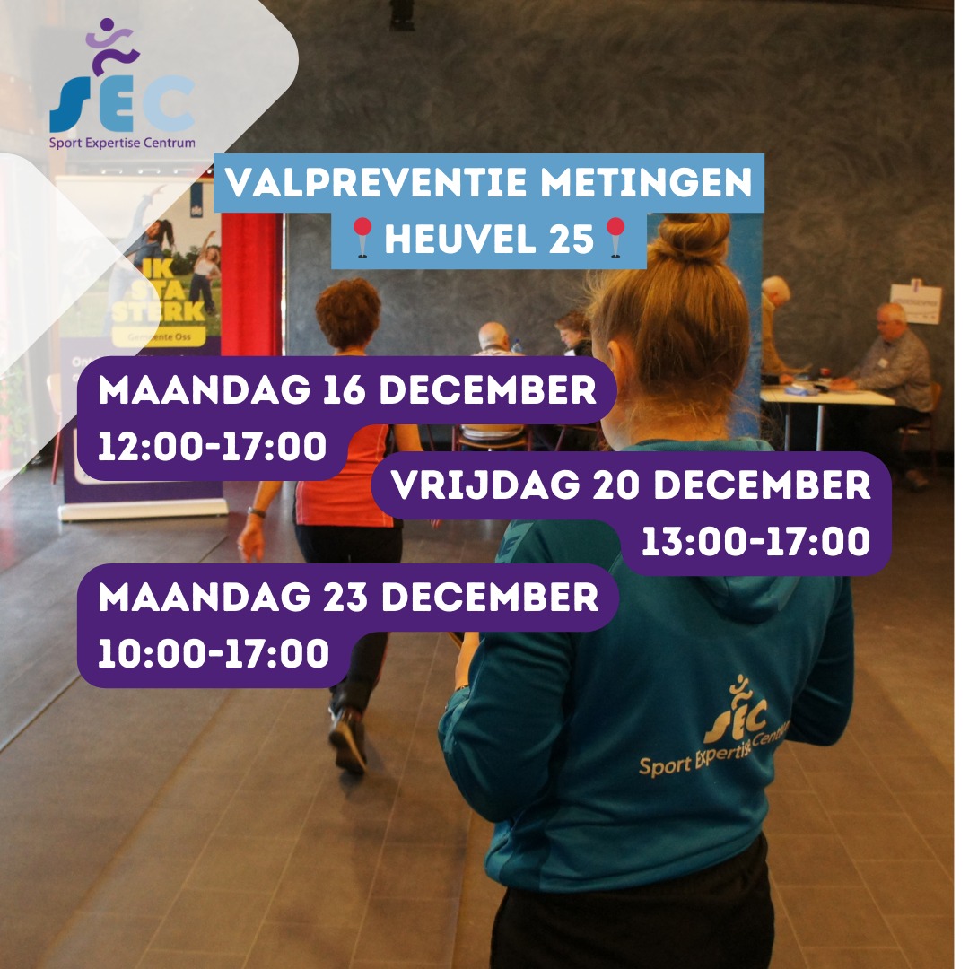 Kom naar het centrum van Oss en meet jouw valrisico met de SmartFloor meting! 🚶‍♀️🚶‍♂️

De meting laat zien hoe groot of klein jouw valrisico is. 
📅 Wanneer kun je meedoen?
- Vrijdag 20 december: 13.00 – 17.00 uur
- Maandag 23 december: 10.00 – 17.00 uur
📍 Locatie: Heuvel 25, Oss