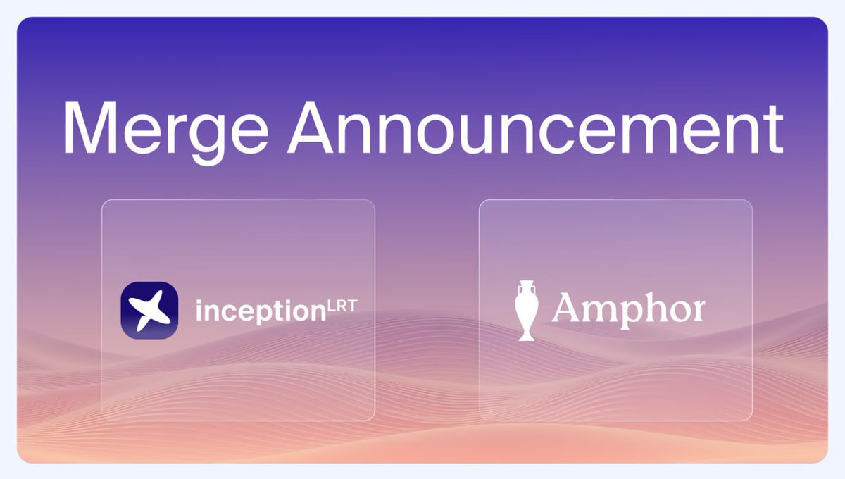 A digital announcement graphic with a gradient background transitioning from purple at the top to soft pink and beige at the bottom. The centered bold white text reads "Merge Announcement." Below, two logos are displayed: on the left, the InceptionLRT logo, which features a white star-like shape on a dark purple square background with the company name written in lowercase white letters; on the right, the Amphor logo, which includes a stylized white amphora vase icon with the company name in serif white text. The layout is clean and modern.