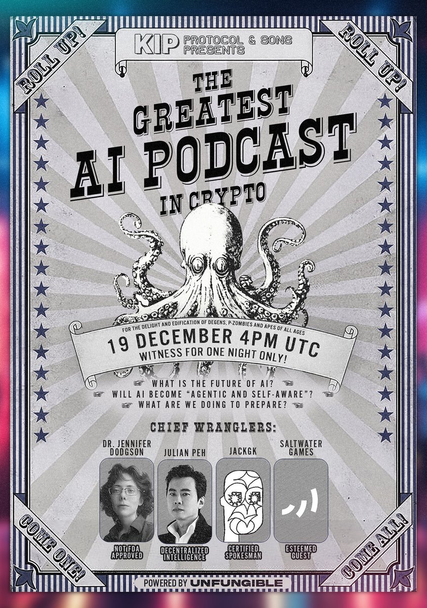 KIPprotocol's tweet image. The Greatest AI Show in Crypto is back with Episode 4: AI Predictions, the Best and the Worst  📺

Mark your calendar: 19th Dec, 4pm UTC 🗓, for a livestream with
@julian_kip
@HumanLevelJen 
@JackGK_BTC
@saltwatergames

Broadcast link will be available when live.