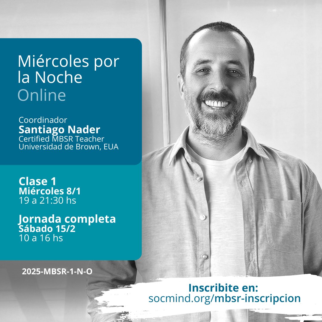 socmindfulness's tweet photo. ✨ Comienza 2025 con más calma y equilibrio. Únete al Programa de Reducción de Estrés basado en mindfulness 🌱

📅 Inicio: Miércoles 8/01/2025
🖥️ Online en vivo
👉 Info: https://t.co/AI9Lwm2jYQ

#Mindfulness #MBSR #Estres https://t.co/blfLcKud7i