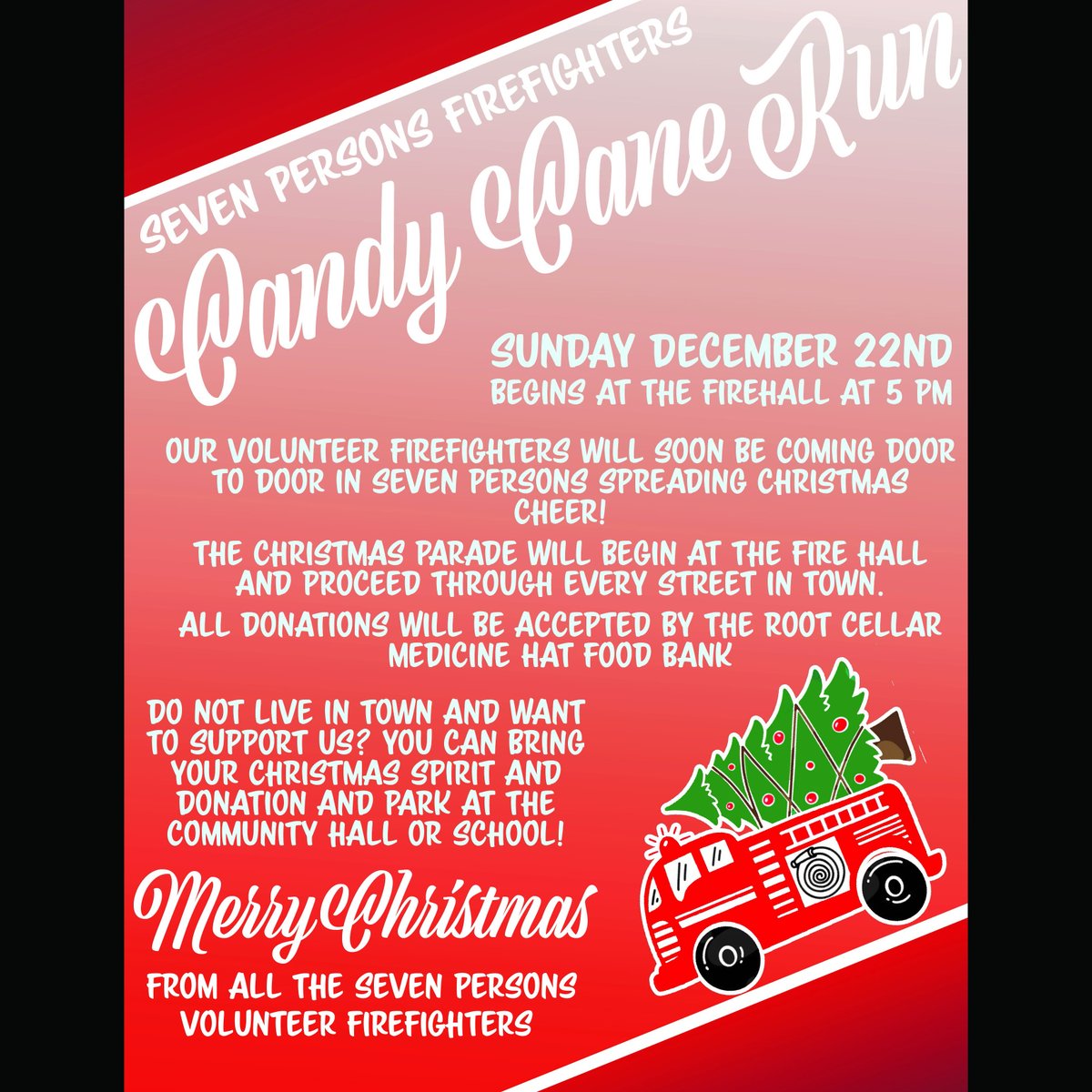 🎅🤶🚒We're loading up the fire trucks in Seven Persons with candy and joy this Sunday!

The Candy Cane Run starts at the new fire hall at 5 p.m. Dec. 22, with firefighters going door to door in the hamlet.

#CypressCounty #emergencyservices