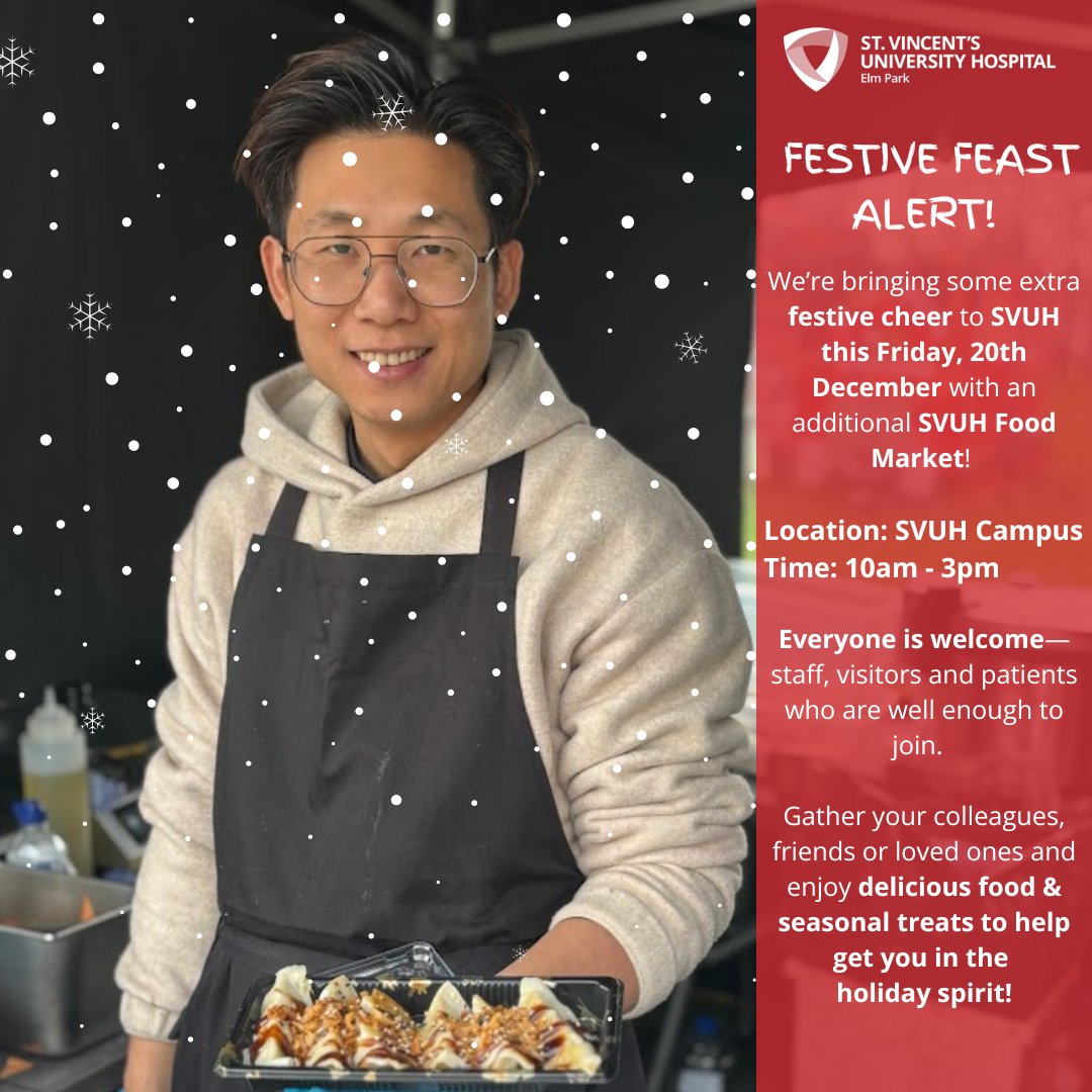 svuh's tweet photo. Festive Feast at SVUH! ๐
Join us this Friday, 20th Dec, for an extra dose of holiday cheer at our #SVUHFoodMarket!
Open from 10am - 3pm on our campus
Staff, visitors & patients who are well enough are all invited to enjoy lunch al fresco! #SVUH #FoodMarket #TanyasKitchen https://t.co/YDkZh2HM60