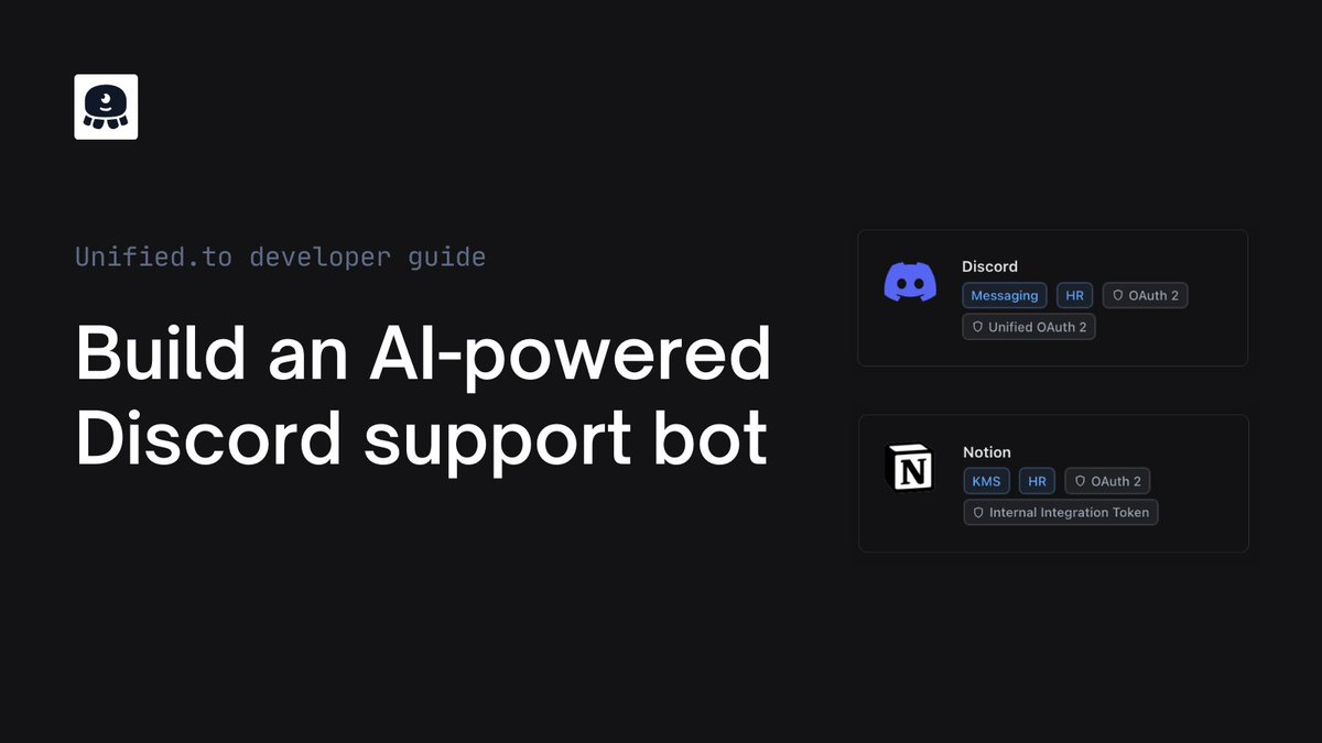 Unified.to (@unified_api) on Twitter photo New Guide: Build an AI-powered <a href="/discord/">Discord</a>  support bot
What you'll learn:
- Integrate with knowledge bases (like <a href="/NotionHQ/">Notion</a>)  and fetch content
- Process and prepare content for AI training
- Monitor messages in Discord and respond in real time
docs.unified.to/guides/how_to_… New Guide: Build an AI-powered <a href="/discord/">Discord</a>  support bot
What you'll learn:
- Integrate with knowledge bases (like <a href="/NotionHQ/">Notion</a>)  and fetch content
- Process and prepare content for AI training
- Monitor messages in Discord and respond in real time
docs.unified.to/guides/how_to_…