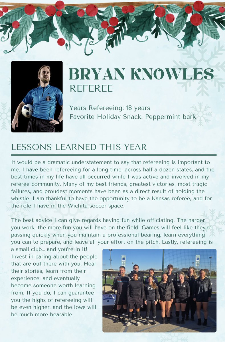 KSRefereePro's tweet photo. @ussoccer_ref @OSI_Page2 @KSYouthSoccer On the 5th Day of Refsmas, our referee Bryan Knowles learned this year.…
So each day until Christmas we ask a #Kansasreferees to tell us a lesson they’ve learned throughout the past year of refereeing.
#KSRefPro #KRDP #Refsmas https://t.co/GQXBDZ40Ak