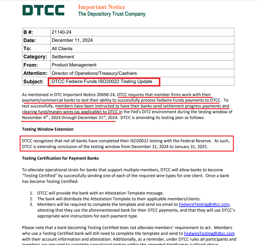 CryptoDavid_'s tweet photo. DTCC moving forward fast to production (March '25) for the Fedwire Migration to ISO 20022. 

DTCC ongoing testing with all its clients where DTCC  require their banks to become "testing certified". New testing deadline is 30Jan. 

🚨JUST TO BE EXTRA CLEAR 1: Using messaging standard ISO20022 means that #chainlink is being used as infrastructure under the hood. 

🚨JUST TO BE EXTRA CLEAR 2: this means $LINK is actively used for that. (or payment abstraction which automatically converts to $LINK). 

🚨JUST TO BE EXTRA CLEAR 3: The big flip is being switched ON for $LINK once ISO20022 is enabled.