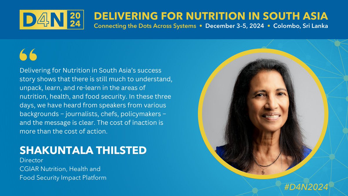 trinidad1949's tweet image. 🌏 Honored to join #D4N2024 in Colombo, where policymakers, experts, & students from South Asia came together to connect the dots across systems to improve diets & nutrition in the region.
Congrats to @IFPRI & co-hosts, and to all who participated in-person & online! 🎉