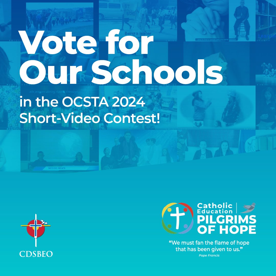 CDSBEO's tweet photo. Congrats to St. Jude and @HTCSSFalcons on qualifying for the OCSTA 2024 Short-Video Contest, celebrating this year’s theme “Pilgrims of Hope.”
Vote Dec 12–23! Watch the videos and learn how to vote here: https://t.co/X79aR4AmmE
#CDSBEOLearning #CDSBEOBelieving https://t.co/Ad6jVGjLSd