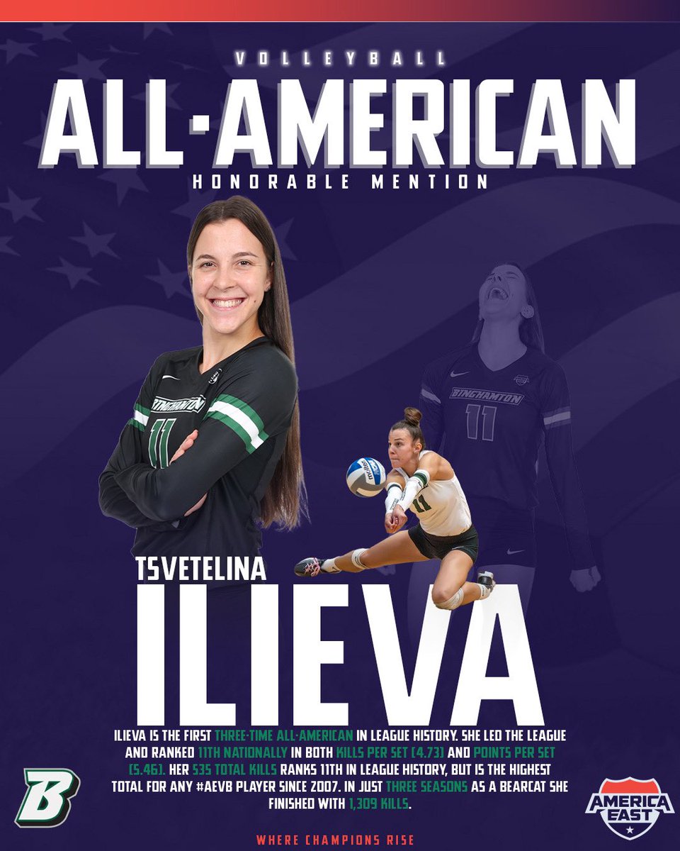 America East (@americaeast) on Twitter photo Volleyball All-American
Tsvetelina Ilieva | <a href="/Binghamton_VB/">Binghamton Volleyball</a>
Ilieva is the first three-time All-American in league history. This year she led Binghamton to its second regular season championship in the past three years and a 19-10 overall record, which included victories over Volleyball All-American
Tsvetelina Ilieva | <a href="/Binghamton_VB/">Binghamton Volleyball</a>
Ilieva is the first three-time All-American in league history. This year she led Binghamton to its second regular season championship in the past three years and a 19-10 overall record, which included victories over