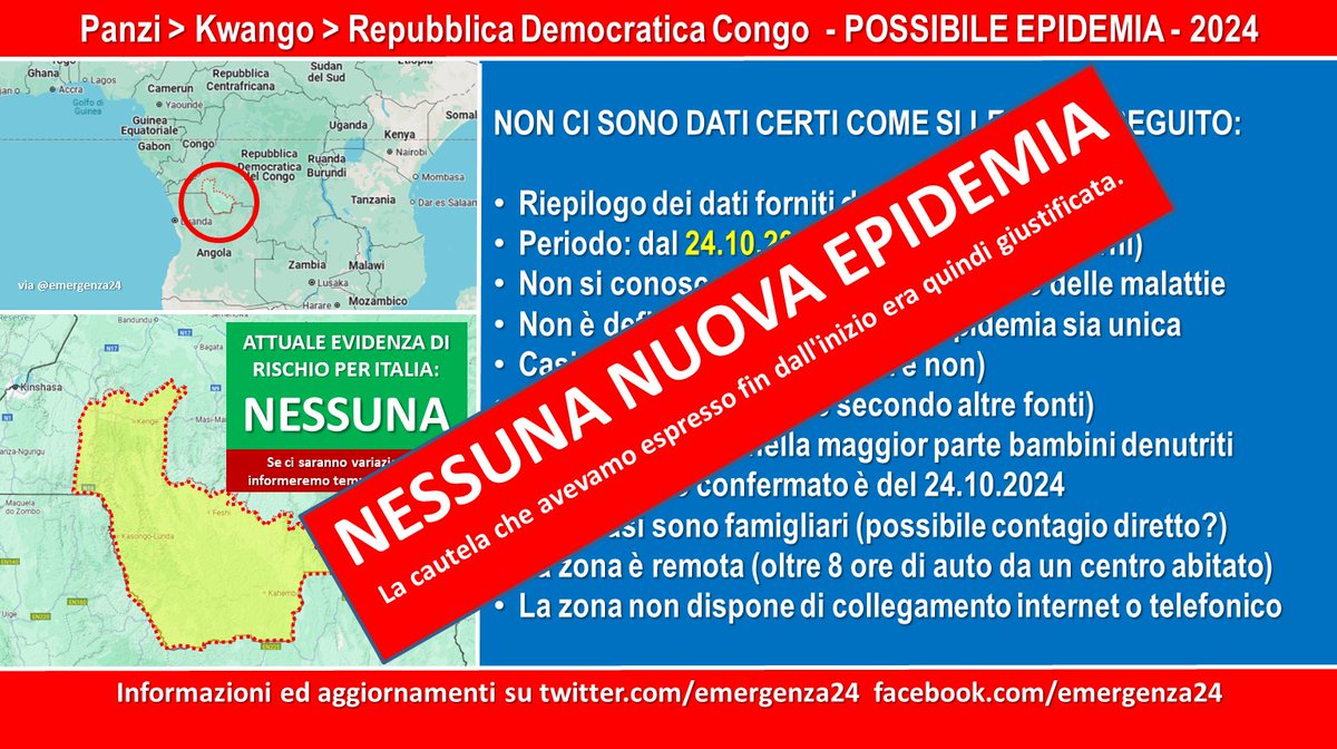 Emergenza24's tweet photo. UPDATE [18.12-17:30] #Treviso - Caso Febbre emorragica 

👉L'Istituto Malattie Infettive Lazzaro Spallanzani ha confermato che la morte dell'uomo di 55 anni è stata causata da Plasmodium falciparum,  una delle più pericolose forme di #malaria ma che si trasmette SOLO attraverso la zanzara come vettore. 

👉Quindi si esclude la diffusione uomo-uomo.

👉Ricordiamo che la "malattia misteriosa" che ha colpito una regione della Repubblica Democratica del #Congo è stata riconosciuta come malaria (endemica nell'area) e che i tassi di mortalità appaiono (Il Ministero della Salute della RDC si è limitato ad una intervista alla stampa) in linea con i periodi precedenti.

👉Quindi nessuna nuova epidemia. 

👉La cautela che avevamo espresso fin dall'inizio era quindi giustificata.

👉Informazioni e aggiornamenti: https://t.co/fOUeONkJwc
