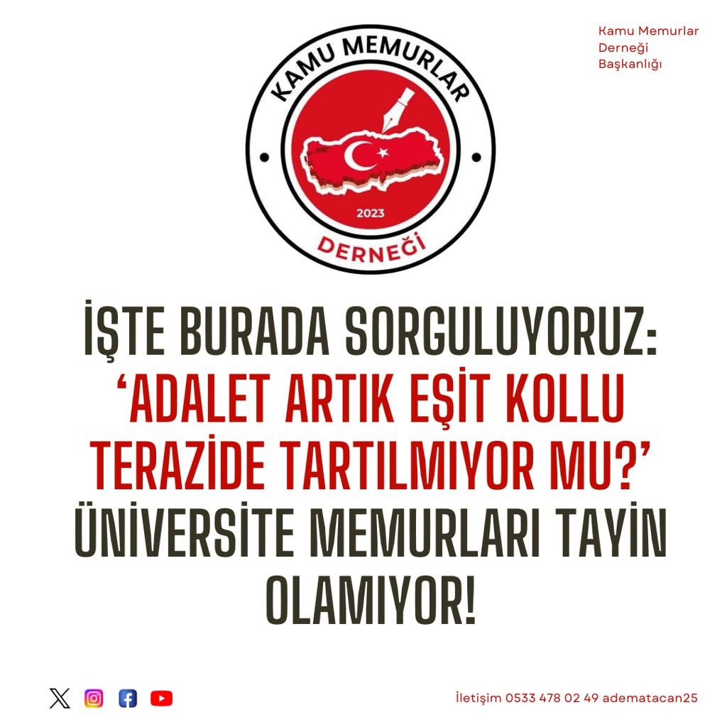 DEĞERLİ ÇALIŞMA BAKANIM;
SAYIN <a href="/isikhanvedat/">Prof. Dr. Vedat Işıkhan</a> …

SİZE KARŞI ÇOK SAMİMİ BİR ŞEKİLDE BU TWİTİMİZİ YAZIYORUZ:

ÜLKEMİZDEKİ DEVLET ÜNİVERSİTELERİNİNDE ÇEŞİTLİ ÜNVANLARDA GÖREVLERİNİ YAPAN ÜNİVERSİTE MEMURLARININ:
TAYİN HAKLARI BULUNMUYOR!!!

657 DEVLET MEMURLARI KANUNUNA GÖRE 72 VE