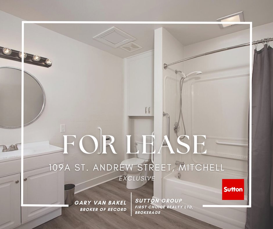 FOR LEASE
Executive Downtown Mitchell, 2 bedroom apartment.
Close to post office, grocery store.
$1795 per month utilities included, central air, central vac, appliances and Stand by generator. Perfect for 55 and over couple or single professional.
~Exclusive listing~