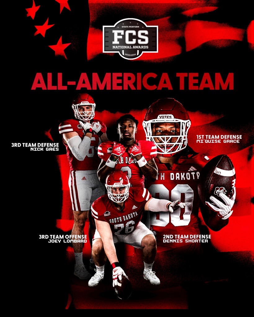 SDCoyotesFB's tweet photo. 𝐀𝐋𝐋-𝐀𝐌𝐄𝐑𝐈𝐂𝐀𝐍𝐒 🇺🇸 

Four Coyotes named to the @OptaAnalystFCS FCS All-America teams!   

▪️𝐌𝐈'𝐐𝐔𝐈𝐒𝐄 𝐆𝐑𝐀𝐂𝐄
▪️𝐃𝐄𝐍𝐍𝐈𝐒 𝐒𝐇𝐎𝐑𝐓𝐄𝐑
▪️𝐍𝐈𝐂𝐊 𝐆𝐀𝐄𝐒
▪️𝐉𝐎𝐄𝐘 𝐋𝐎𝐌𝐁𝐀𝐑𝐃

📰: https://t.co/LiLFMXo0l7

#GoYotes x #WeAreSouthDakota https://t.co/AccWCNyfHG