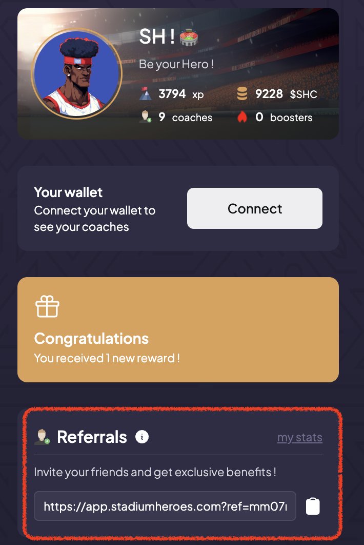 🚨 New Referral Program Alert! 💎⚽

🎁 Earn 1 Gem + 100 $SHC for BOTH you &amp; your referral!
💰 Use Gems to enter Pro Competitions &amp; win USDT prizes!

Find your referral link easily on the home page in the “Referrals” section.

Spread the word &amp; grow the Stadium Heroes community!