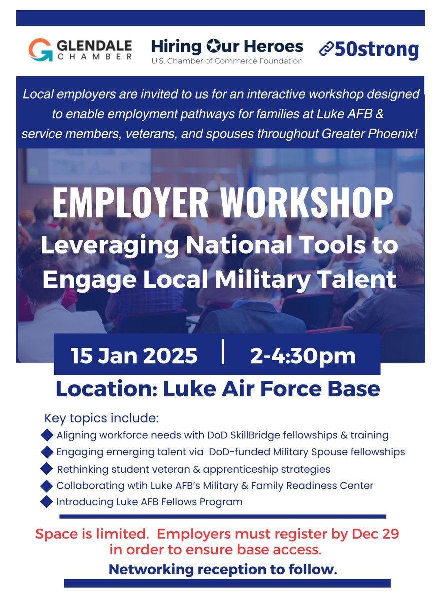 Engage military talent, hire transitioning service members &amp; support veterans in the Luke AFB and Phoenix region! 📣 bit.ly/41CRi11

Can't attend? Apply to be a vendor at the Luke AFB Hiring Fair on Jan 16 by 12/18/24 EOD. 

Sign up below: ⬇
bit.ly/4gEimkX