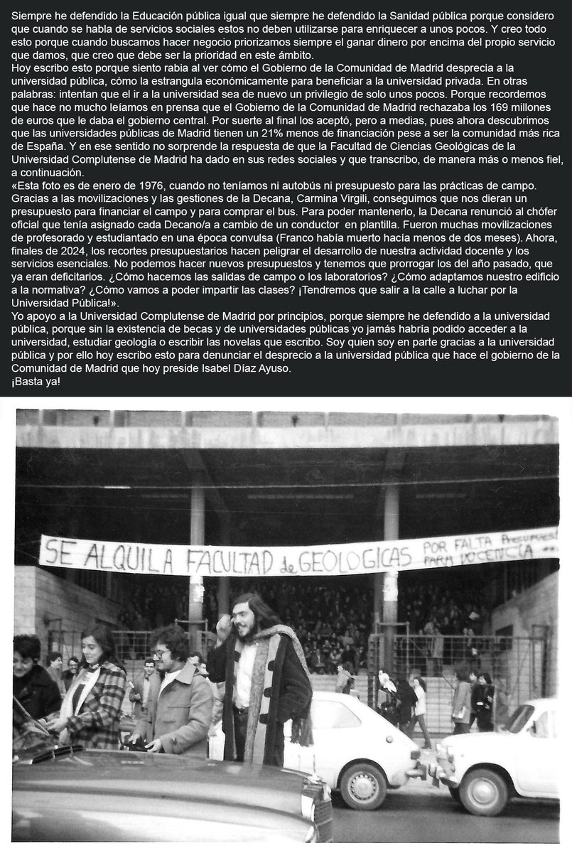 Daniel H. Barreña (@danielhernbar) on Twitter photo Nunca he sabido callarme, no voy a empezar ahora. Todo mi apoyo a la universidad pública de Madrid, con especial mención a la gente de mi gremio y a @geologicas. ¡Basta ya! <a href="/unicomplutense/">Complutense</a> Nunca he sabido callarme, no voy a empezar ahora. Todo mi apoyo a la universidad pública de Madrid, con especial mención a la gente de mi gremio y a @geologicas. ¡Basta ya! <a href="/unicomplutense/">Complutense</a>