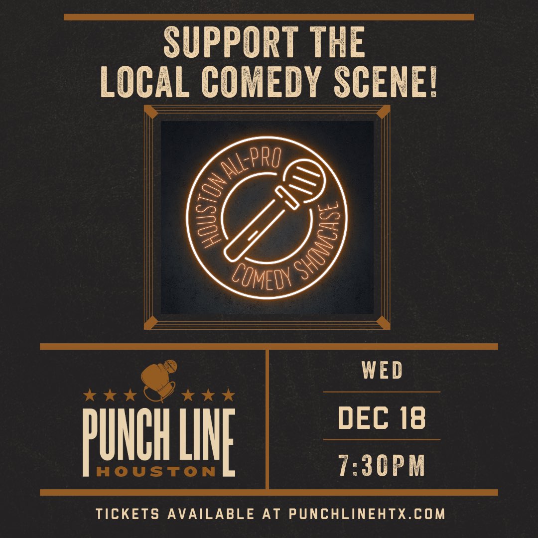 📍TONIGHT AT PUNCH LINE HOUSTON: 

Houston All-Pro Comedy Showcase is BACK! Come out and support the local comedy scene! 🤩

🚪: 6:30PM
🎤: 7:30PM
*times are subject to change*

🎟️: Grab your tickets now at the link in our bio or at PunchLineHTX.com 🔗