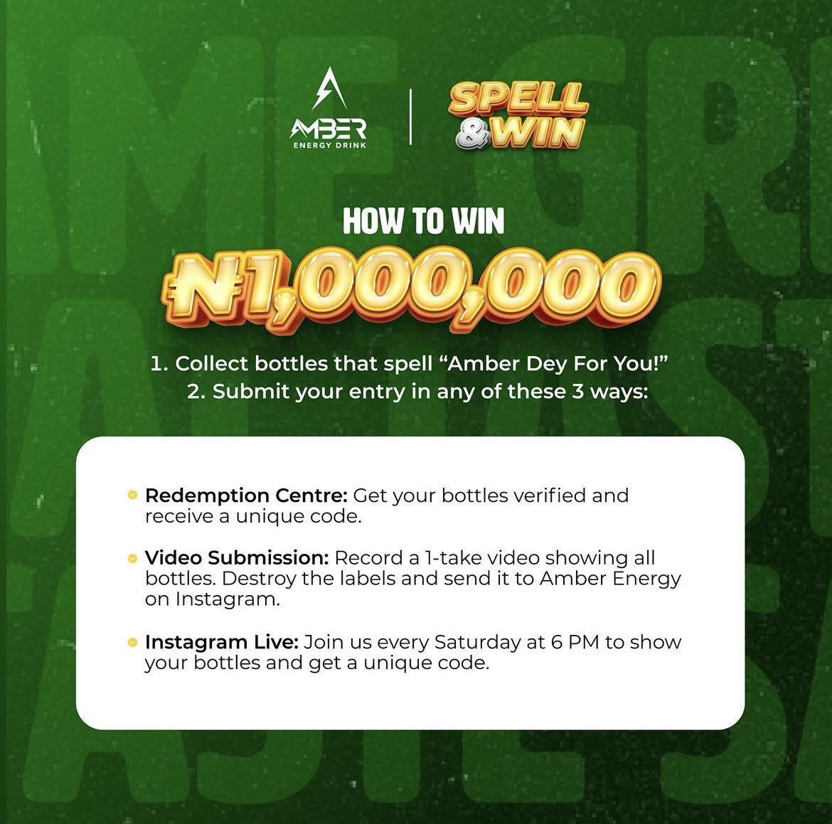 drinkamber's tweet photo. Win BIG this December!
#amberenergydrink is giving YOU the chance to become a millionaire! 

All you have to is collect Amber PET bottles with letters that spell out Amber Dey For You! and stand a chance to win ₦1 Million EACH!

Swipe to see all the instructions… https://t.co/ucS61xYhRD