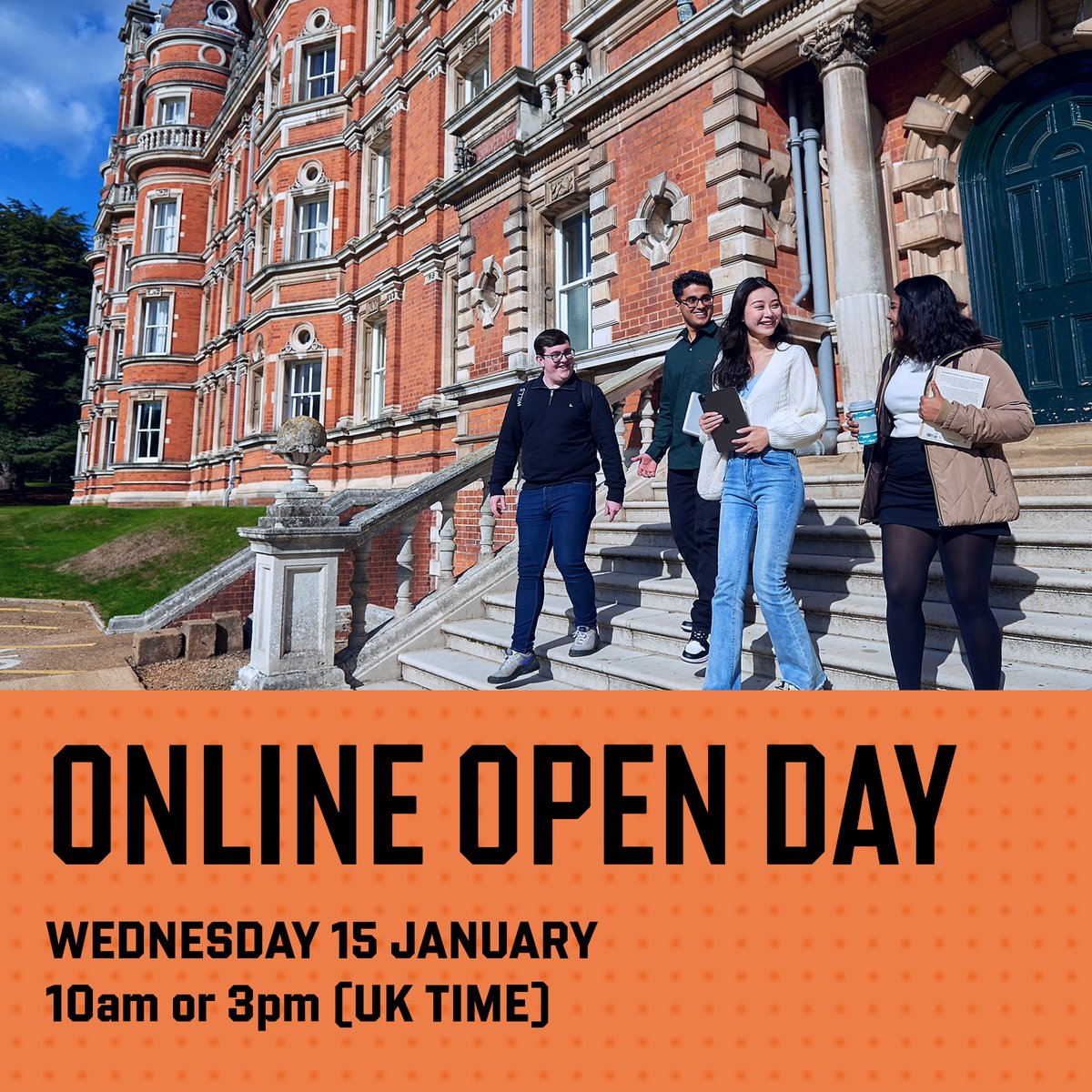 RHULManagement's tweet photo. We are holding an #OnlineOpenDay on π
January 15 - your chance to find out all about studying with us right from the comfort of your own home.
Head to https://t.co/6PgRWS4ikW for more details and booking link
π10am / 3pm (UK TIME)
#RoyalHolloway #ForWhatMatters #RHOpenDay https://t.co/VPMUGfxo83