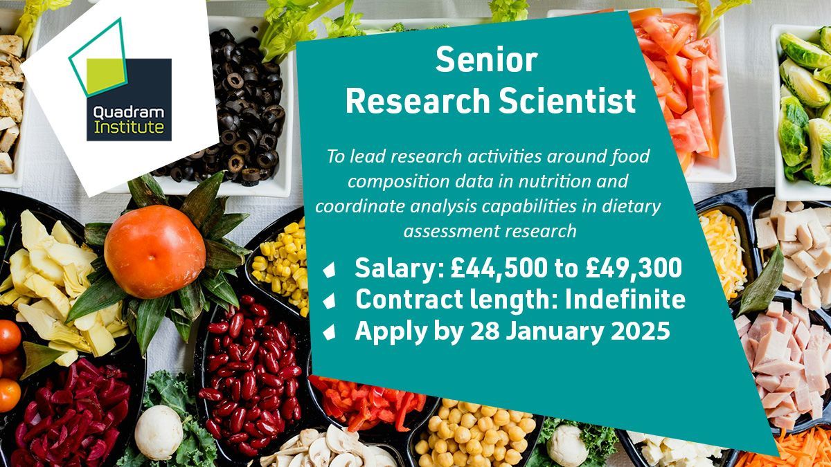 Quadram Institute (@thequadram) on Twitter photo 🆕Vacancy! We’re looking for a Research Scientist to join our <a href="/FN_NBRI/">Food & Nutrition - NBRI</a> team to lead research around food composition data in nutrition & coordinate analysis capabilities in dietary assessment research.
💷 £44,500 to £49,300
🗓️ Apply by 28 January 2025
➡️ buff.ly/41FcIe8 🆕Vacancy! We’re looking for a Research Scientist to join our <a href="/FN_NBRI/">Food & Nutrition - NBRI</a> team to lead research around food composition data in nutrition & coordinate analysis capabilities in dietary assessment research.
💷 £44,500 to £49,300
🗓️ Apply by 28 January 2025
➡️ buff.ly/41FcIe8