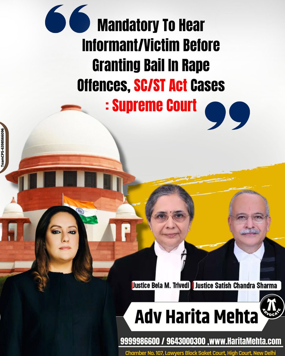 AdvHaritamehta's tweet photo. Mandatory To Hear Informant/Victim Before Granting Bail In Rape Offences, SC/ST Act Cases : Supreme Court.
#SupremeCourt #supremecourt
#SupremeCourtOfIndia #CJI #cji
#CJISanjivKhanna #AUSvIND
#ScStCase #RapeCase https://t.co/ELSkVa4Sfp