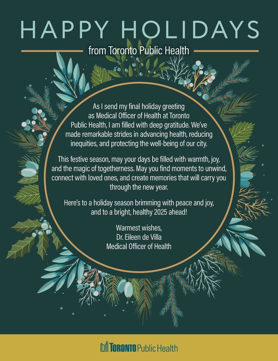 Dr. Eileen de Villa (@epdevilla) on Twitter photo As I send my final holiday greeting as Medical Officer of Health at <a href="/TOPublicHealth/">Toronto Public Health</a>, I am filled with deep gratitude. We’ve made remarkable strides in advancing health, reducing inequalities, and protecting the well-being of our city.
This festive season, may your days be filled As I send my final holiday greeting as Medical Officer of Health at <a href="/TOPublicHealth/">Toronto Public Health</a>, I am filled with deep gratitude. We’ve made remarkable strides in advancing health, reducing inequalities, and protecting the well-being of our city.
This festive season, may your days be filled