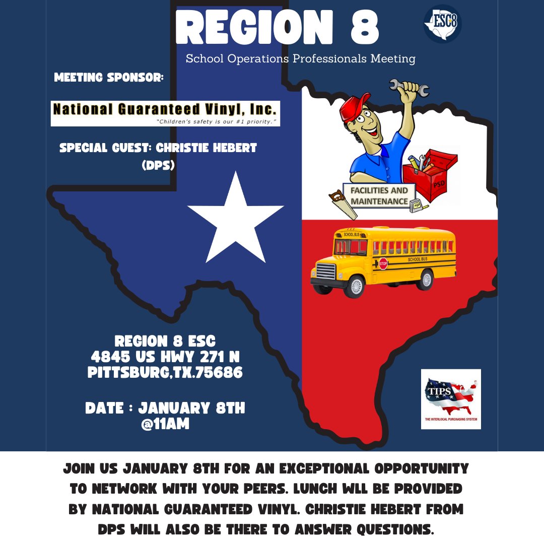 Please join us on January 8th for our School Operations Meeting. The meeting will be sponsored and lunch provided by National Guaranteed Vinyl. Christie Hebert from DPS will also be there for a Q&amp;A Session.