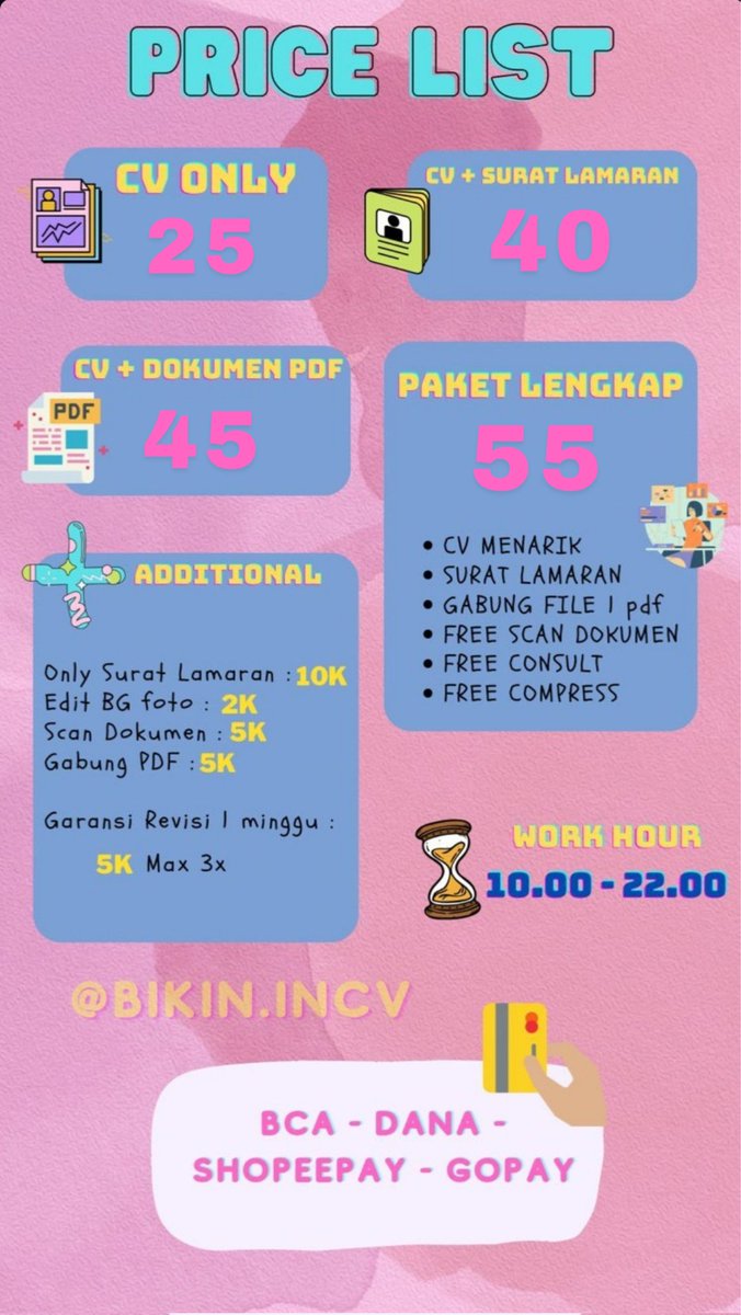 yuk yang lagi cari kerja tapi mager buat cv sendiri aku bantu buatin, harga pelajar^^ 🖤🖤🖤
testinya di ig : instagram.com/bikin.incv
wa : wa.me/6285710346648

#zonauang