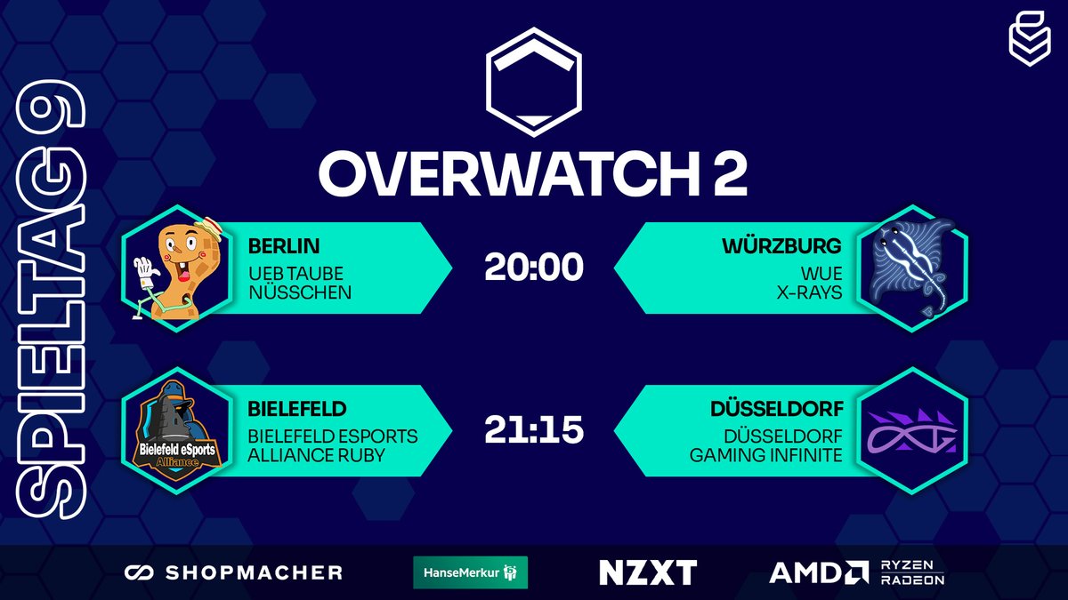 Uniliga (@uniligagg) on Twitter photo 🚨OVERWATCH 9. SPIELTAG - LETZTER SPIELTAG🚨
🕗️20:00 Uhr - Overwatch 2 - 9. Spieltag
📺️twitch.tv/uniliga_aim
⚔️<a href="/UniEsportBerlin/">University Esports Berlin</a> vs. <a href="/esportswue/">WueSports</a>
⚔️<a href="/bie_alliance/">Bielefeld Esports Alliance</a> vs. <a href="/ddorf_gaming/">Düsseldorf Gaming</a>
🎬️<a href="/Cinzzya/">Cinzya</a>
🎥<a href="/Pimpoluxe/">Pimpo</a>
🎙️<a href="/markusodersowas/">Markus</a> & <a href="/Jakob_leps/">Jakob „JLEPS“ Schwinn</a> 🚨OVERWATCH 9. SPIELTAG - LETZTER SPIELTAG🚨
🕗️20:00 Uhr - Overwatch 2 - 9. Spieltag
📺️twitch.tv/uniliga_aim
⚔️<a href="/UniEsportBerlin/">University Esports Berlin</a> vs. <a href="/esportswue/">WueSports</a>
⚔️<a href="/bie_alliance/">Bielefeld Esports Alliance</a> vs. <a href="/ddorf_gaming/">Düsseldorf Gaming</a>
🎬️<a href="/Cinzzya/">Cinzya</a>
🎥<a href="/Pimpoluxe/">Pimpo</a>
🎙️<a href="/markusodersowas/">Markus</a> & <a href="/Jakob_leps/">Jakob „JLEPS“ Schwinn</a>