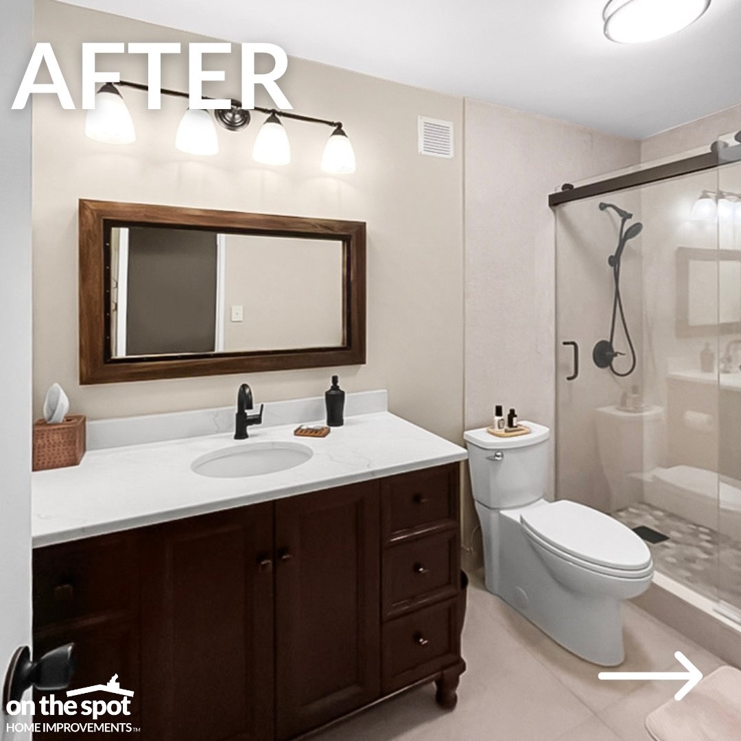 OnTheSpot_Home's tweet photo. Another day, another great Before &amp; After! Swipe to see how this basement bathroom transformed.

Ready to transform your space? Let’s make your dream bathroom a reality! https://t.co/JtWBx7aT02
