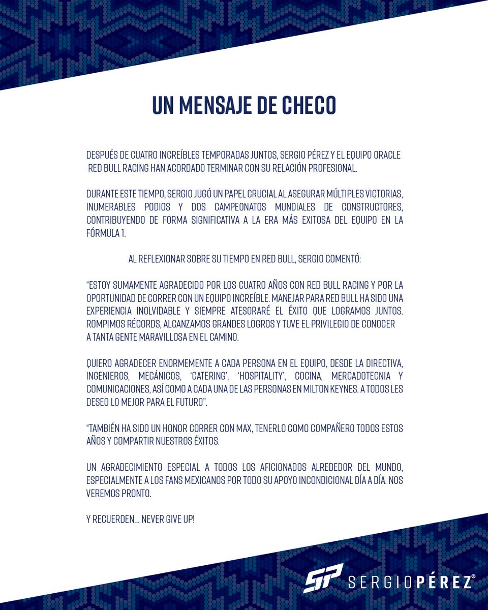 Sergio Pérez (@schecoperez) on Twitter photo Thank you for these four years <a href="/redbullracing/">Oracle Red Bull Racing</a>
I wish you the best. Thank you for these four years <a href="/redbullracing/">Oracle Red Bull Racing</a>
I wish you the best.