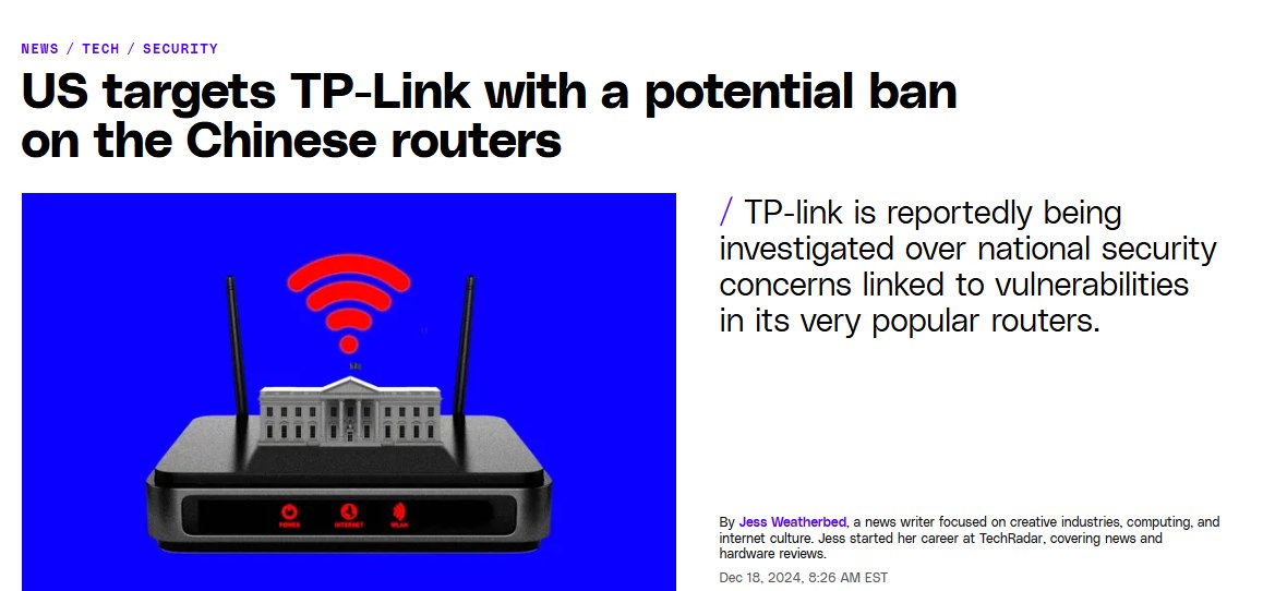 GothamJSharma's tweet photo. Imagine if over 65% of our networking infrastructure - including that of the United States Department of Defense used chinese routers.
Cool, now stop imagining and read about TP-Link: https://t.co/2yX51cYYld #CyberSecurity #infosec #AccessCyber #tech @Zombie_Wretch @verge https://t.co/m1tGNzfgMp