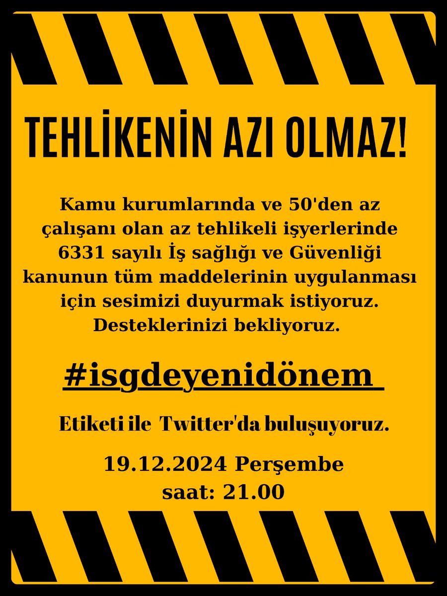 #isgdeyenidonem

Kanunu ertelemeyin. 
İş kazaları azalsın.
<a href="/tcbestepe/">T.C. Cumhurbaşkanlığı</a>
<a href="/isikhanvedat/">Prof. Dr. Vedat Işıkhan</a>
<a href="/csgbakanligi/">T.C. Çalışma ve Sosyal Güvenlik Bakanlığı</a>
<a href="/CSGB_ISGUM/">İSGÜM</a>
<a href="/RTErdogan/">Recep Tayyip Erdoğan</a>
<a href="/isggmmedya/">İş Sağlığı ve Güvenliği Genel Müdürlüğü</a>