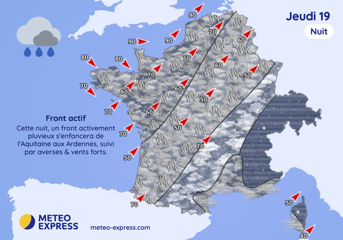 🌧️ Cette nuit, un front actif s'enfoncera sur le pays, suivi par averses &amp; vents forts. ➡ meteo-express.com/previsions/pre…
