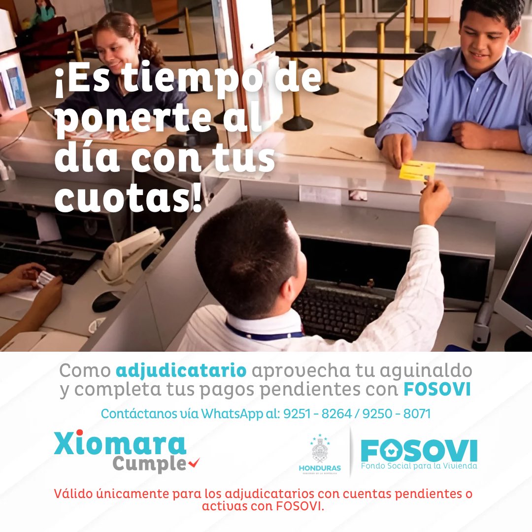 fosovihn's tweet photo. ‼️📢 ¡Es tiempo de ponerte al día! 🏠
Si eres adjudicatario de FOSOVI, aprovecha tu aguinaldo para completar tus pagos pendientes y asegurar tu tranquilidad. ✅
Consulta más información vía WhatsApp al: 9251-8264 o 9250-8071 y cumple con tus cuotas.
#FOSOVI #XiomaraCumple https://t.co/KqDu7iPfkv