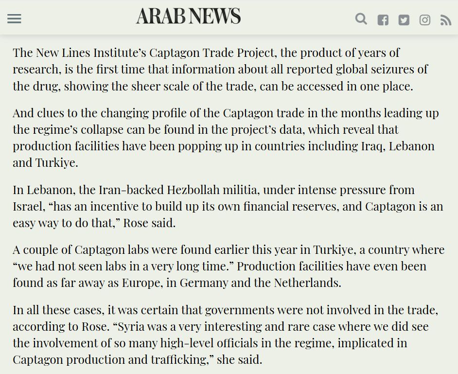 CarolineRose8's tweet photo. I spoke to Jonathan Gornall for @arabnews about the New Lines Institute’s Captagon Trade Project interactive online mapping tool that tracks all #captagon data, and the implications for the trade #PostAssad. https://t.co/dgdvcft2Ke https://t.co/OBe8DnvrXr