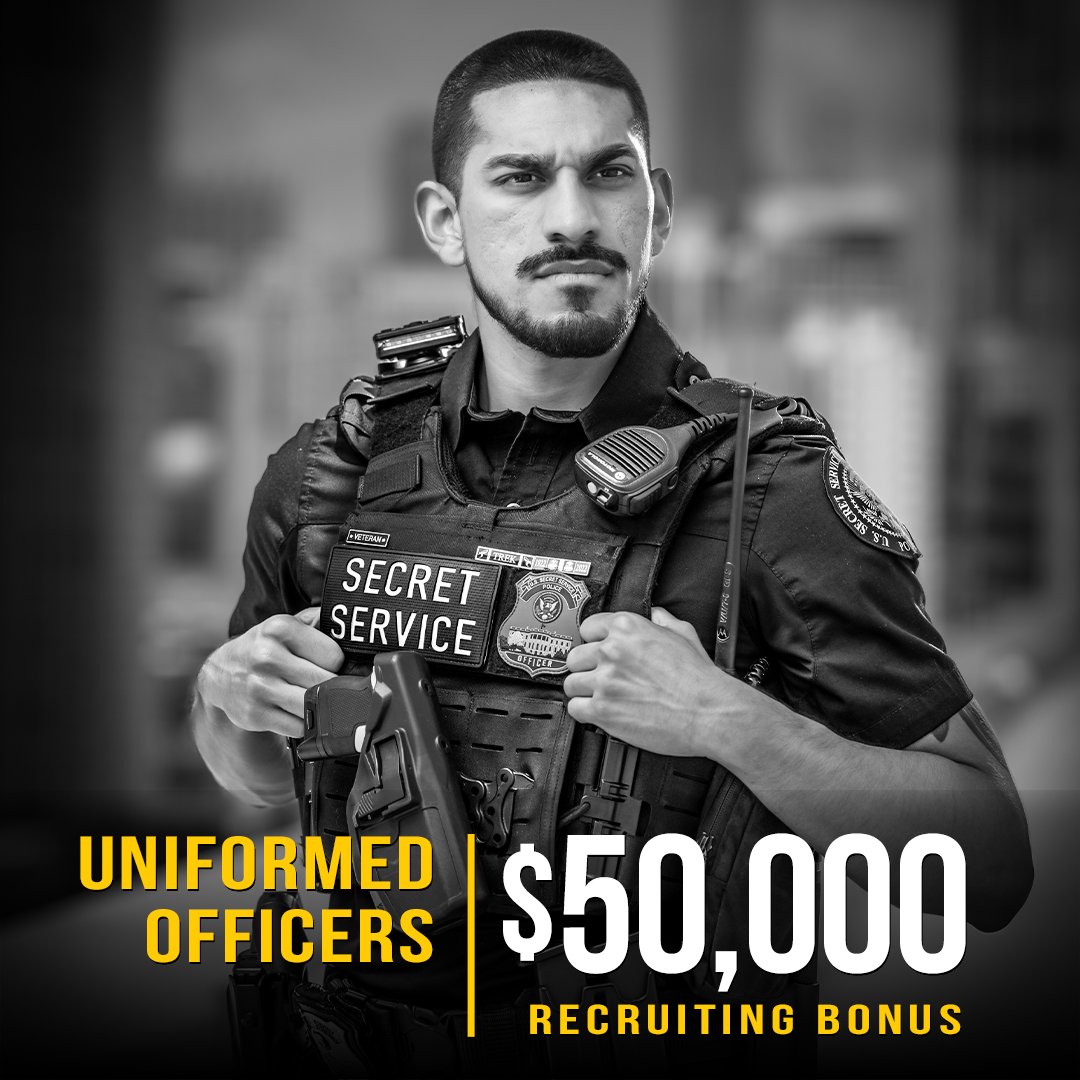 SecretService's tweet photo. The Secret Service is offering hiring bonuses!
New Uniformed Division Officers could qualify for a $50K hiring bonuses, with additional bonuses for Special Agents and Special Operations recruits.
Learn more: https://t.co/IvXattEV3i
#BeTomorrowsSecretService https://t.co/b46ZpragQm