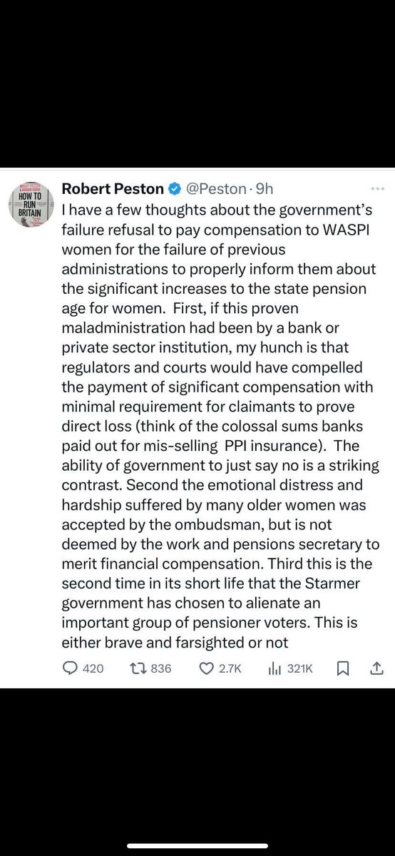 .⁦<a href="/Peston/">Robert Peston</a>⁩’s take on ⁦<a href="/Keir_Starmer/">Keir Starmer</a>⁩’s U turn on #WASPI compensation.  Worth a read.