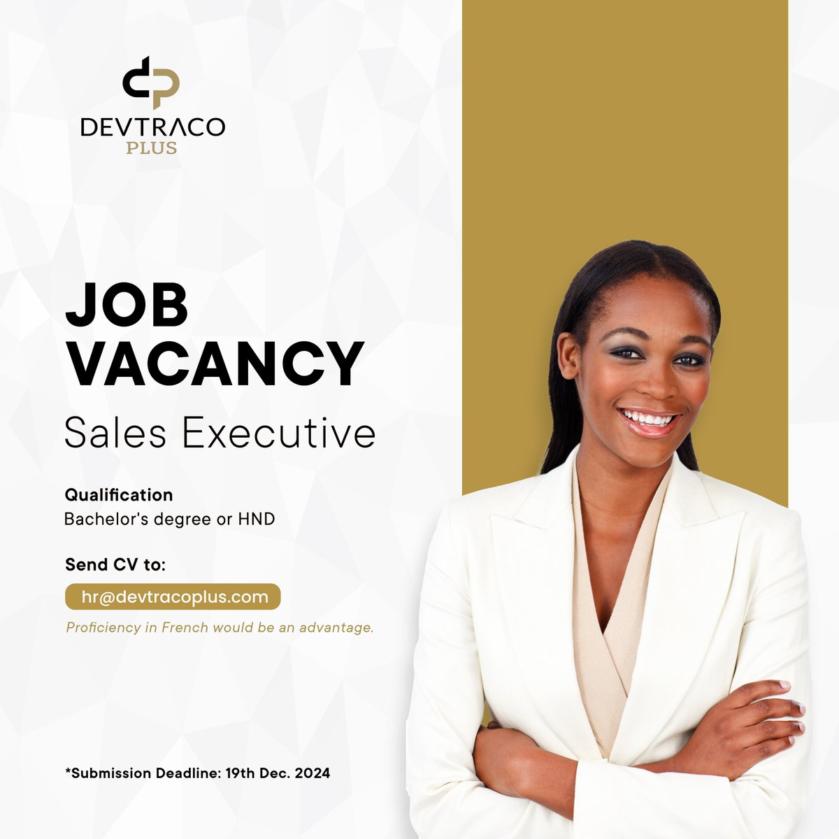 DevtracoPlus's tweet image. We&apos;re hiring a Sales Executive to join our team. Ready to make an impact? Apply now!

Submit your CV by 19th December, 2024.

#Employmentopportunity #Job #Salesexecutive #Devtracoplus #Sales