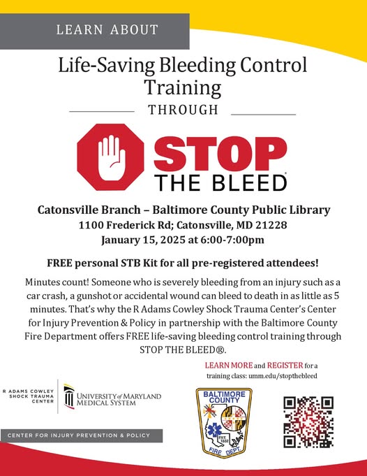 Last night's tragic Towson shooting reminds us of the importance of life-saving skills.

FREE Stop the Bleed Training w/ UMMC:
📅 Jan. 15, 2025 - 6 PM
📍 Catonsville Library, 1100 Frederick Rd
🎁 Free Stop the Bleed Kit 

Register: ow.ly/nxRE50UalKw

#StopTheBleed