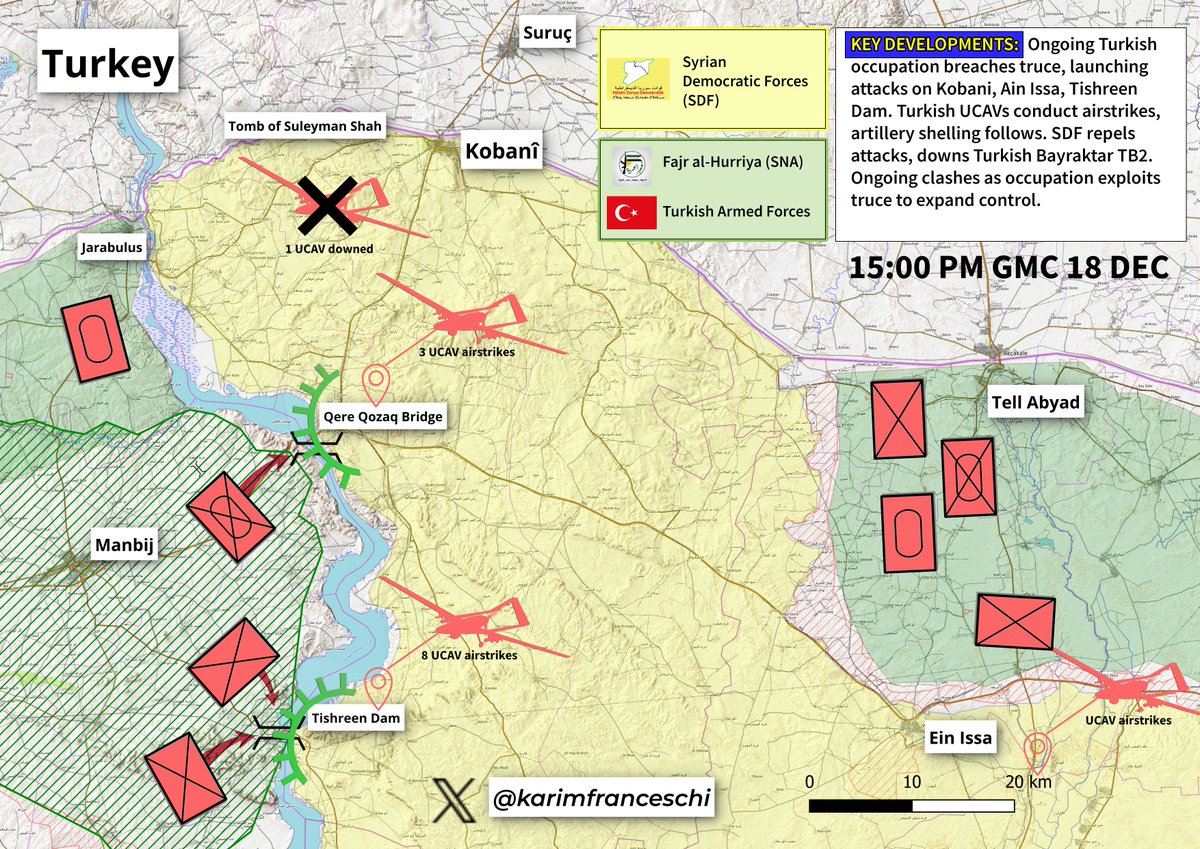 Lost count of which truce we're on, but guess what? Turkey breaches it AGAIN. UCAVs, artillery &amp; mercenaries hit Kobani, Ain Issa &amp; Tishreen Dam. SDF shoots down Bayraktar TB2 at Qara Qazaq. Full assault underway — MAP LIVE 👇 #Syria