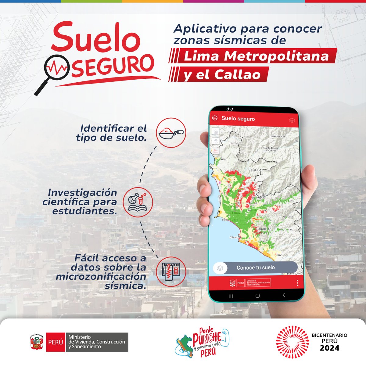 viviendaperu's tweet photo. 🏠¡"Suelo Seguro" para más peruanos!

📲 Ministerio de Vivienda pone a disposición aplicativo "Suelo Seguro", público en general tendrá a la mano información sobre las características de los suelos donde habita o se desenvuelven diariamente, permitiéndoles tomar decisiones adecuadas y medidas de prevención frente a un sismo o evento de gran magnitud.

📰Más información: 
https://t.co/8ST06vr2NH