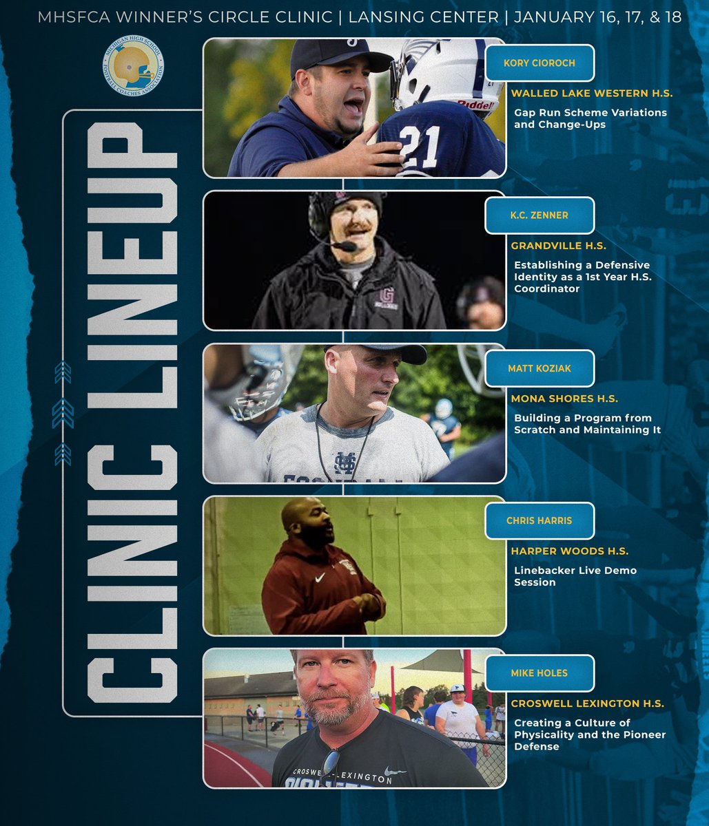 MHSFCA (@michiganhsfca) on Twitter photo 2025 Winners Circle Coaches Clinic
January 16-19 at the Lansing Center
Register Here >> mhsfca.com/events/2024-mh…
Complete Speaker Lineup>> docs.google.com/spreadsheets/d…
<a href="/coachcioroch/">Coach Cioroch</a> <a href="/Stretchguy_CJ/">Chris Harris</a> <a href="/CoachZenner/">KC Zenner</a> <a href="/MSSailorFball/">MSHSailor🏈🇺🇸⚓️</a> <a href="/coachholes/">Mike Holes</a> 2025 Winners Circle Coaches Clinic
January 16-19 at the Lansing Center
Register Here >> mhsfca.com/events/2024-mh…
Complete Speaker Lineup>> docs.google.com/spreadsheets/d…
<a href="/coachcioroch/">Coach Cioroch</a> <a href="/Stretchguy_CJ/">Chris Harris</a> <a href="/CoachZenner/">KC Zenner</a> <a href="/MSSailorFball/">MSHSailor🏈🇺🇸⚓️</a> <a href="/coachholes/">Mike Holes</a>