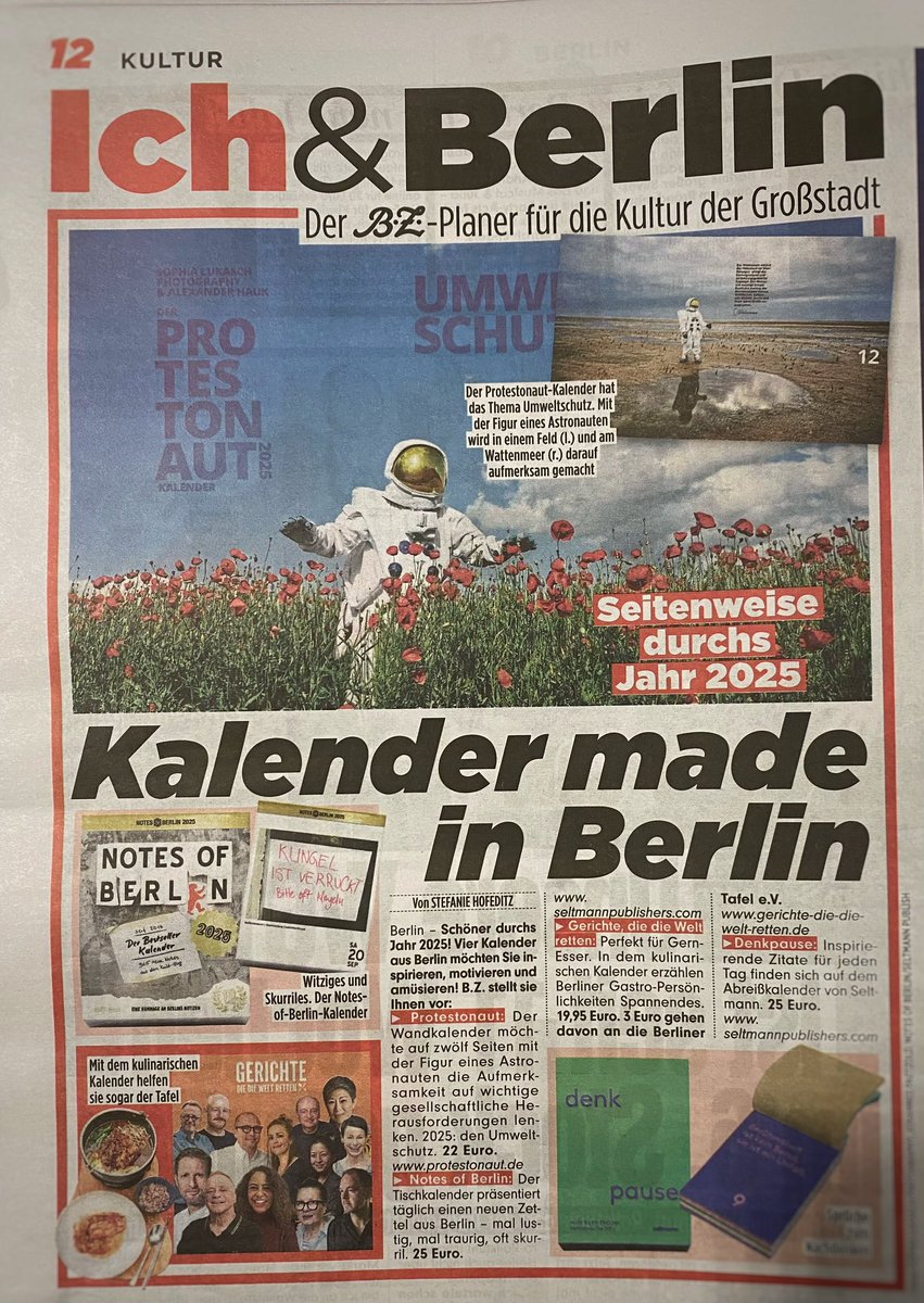 Protestonaut's tweet image. Ja, ist denn heut‘ schon Weihnachten? Noch nicht. Aber in sechs Tagen. Und wer jetzt noch iauf der Suche nach einem kleinen, lokal produzierten Produkt ist, darf sich vom Artikel aus der B.Z. über Kalender aus Berlin inspirieren lassen: bz-berlin.de/ich-berlin/kal…
