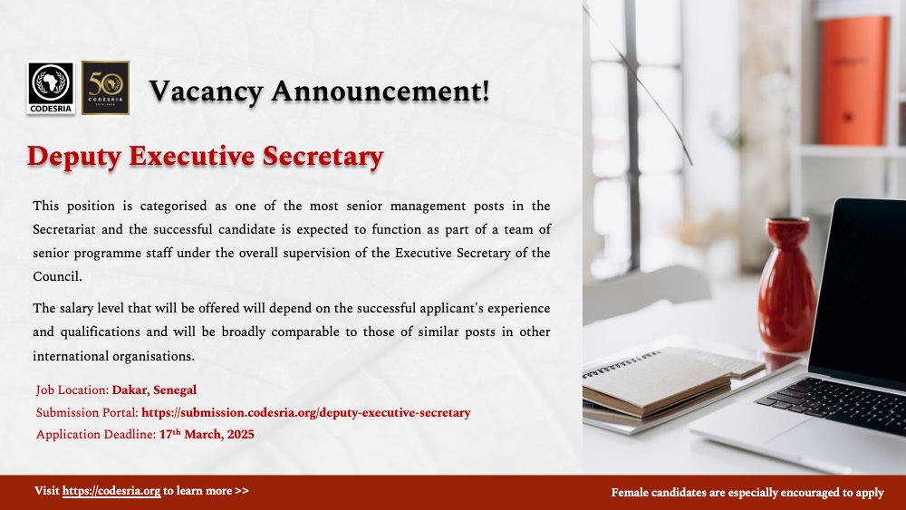 📢 Job Opportunity!
CODESRIA is hiring a Deputy Executive Secretary to join its Secretariat in Dakar, Senegal. Lead impactful research initiatives across Africa!
🗓️ Deadline: March 17, 2025
🔗 Apply here: codesria.org/deputy-executi…
#CODESRIA #JobOpportunity #Leadership #Africa