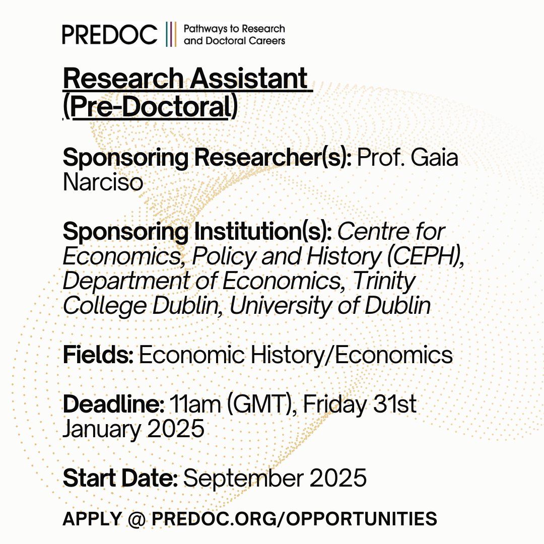 PREDOC.org (@predoc_org) on Twitter photo CEPH (<a href="/ceph_ie/">Centre for Economics, Policy and History (CEPH)</a>) Co-Director and Professor of Economics at Trinity College Dublin (<a href="/tcddublin/">Trinity College Dublin</a>), Gaia Narciso (@gaia_narciso) is hiring a pre-doc!
Find more details at: bit.ly/41H8yT8 CEPH (<a href="/ceph_ie/">Centre for Economics, Policy and History (CEPH)</a>) Co-Director and Professor of Economics at Trinity College Dublin (<a href="/tcddublin/">Trinity College Dublin</a>), Gaia Narciso (@gaia_narciso) is hiring a pre-doc!
Find more details at: bit.ly/41H8yT8