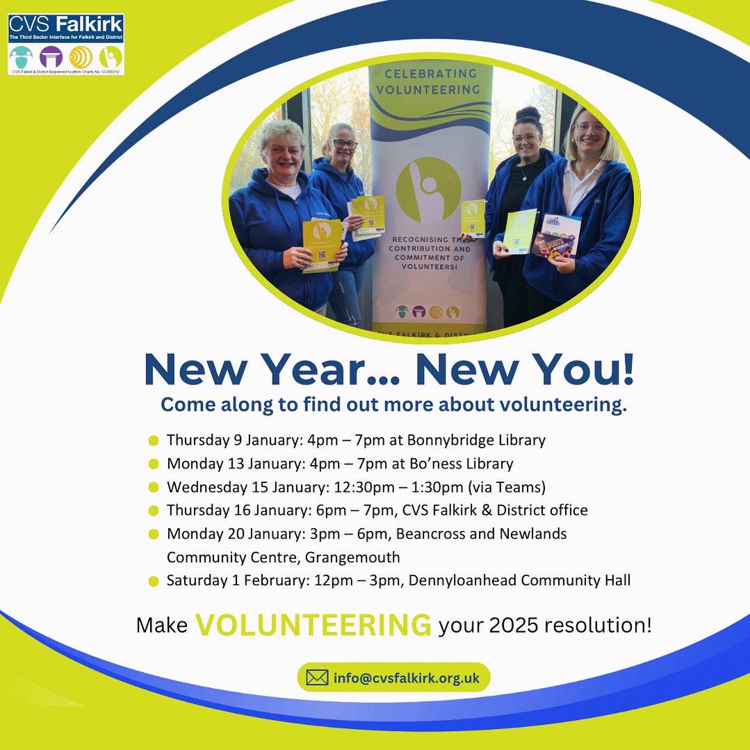 Have you thought about your #newyearsresolution yet?

We are kicking off 2025 with #NewYearNewYou, a celebration of volunteering across Falkirk District - come along to one of our events to discover what's available near you!

Click here for more info: bit.ly/3VI747e
