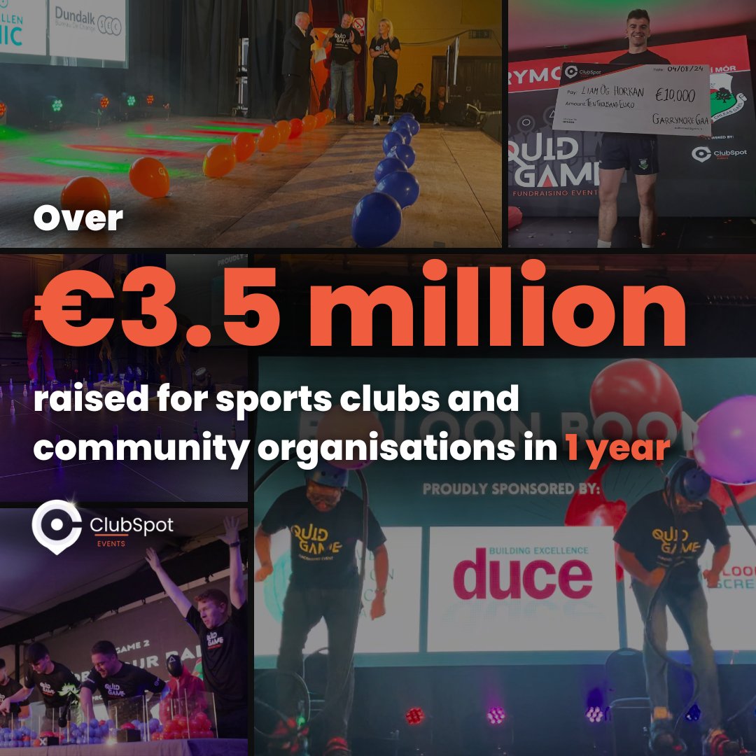 Clubspotevents's tweet image. We are thrilled to share that in just one year since the launch of ClubSpot Events, weβve helped clubs collectively raise over β¬3.5mill through the Quid Game Fundraising Event πͺ
Weβre excited to support more clubs and organisations in 2025 β¨
Contact us on +353 87 624 9398 π²