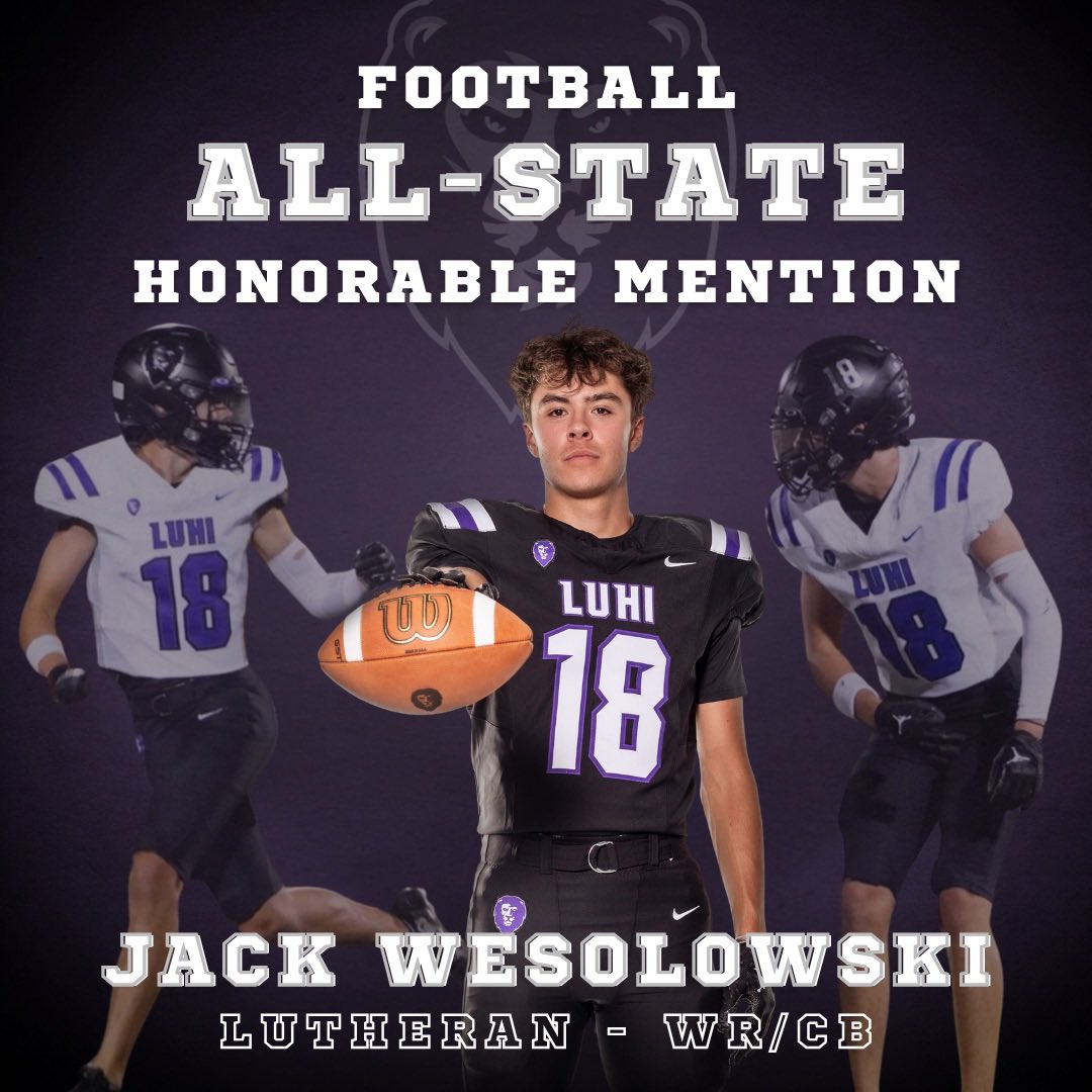 🏈 Congratulations to Lutheran's WR/CB Jack Wesolowski on earning ALL-STATE Honorable Mention! Go Lions!