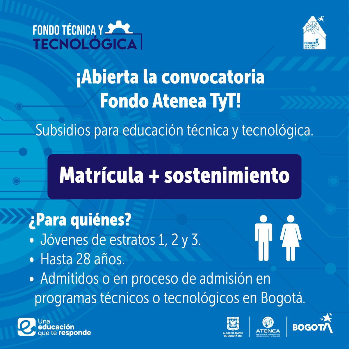 ¡La @AgenciaAtenea trae buenas noticias para los jóvenes de #BogotáMiCiudadMiCasa!

El Fondo Atenea Técnica y Tecnológica Universitaria abre su convocatoria hasta el 17 de enero para 65 becas a jóvenes egresados de colegios de Bogotá que sueñan con estudiar una carrera técnica o